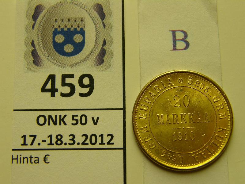 k-0459-b.jpg - Kohde 459 (kuva 2/2), lhthinta: 225 € / myyntihinta: 390 € 20 mk 1910 Au, eprv, epij, kunto: 9