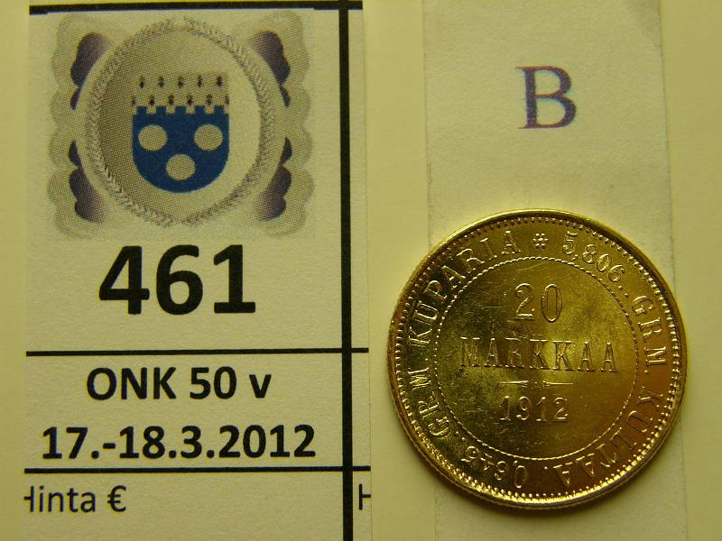 k-0461-b.jpg - Kohde 461 (kuva 2/2), lhthinta: 225 € / myyntihinta: 390 € 20 mk 1912 S Au, kunto: 8