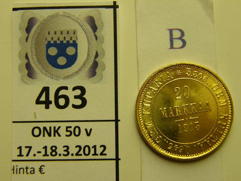 k-0463-b.jpg - Kohde 463 (kuva 2/2), lhthinta: 250 € / myyntihinta: 410 € 20 mk 1913 Au, kunto: 9