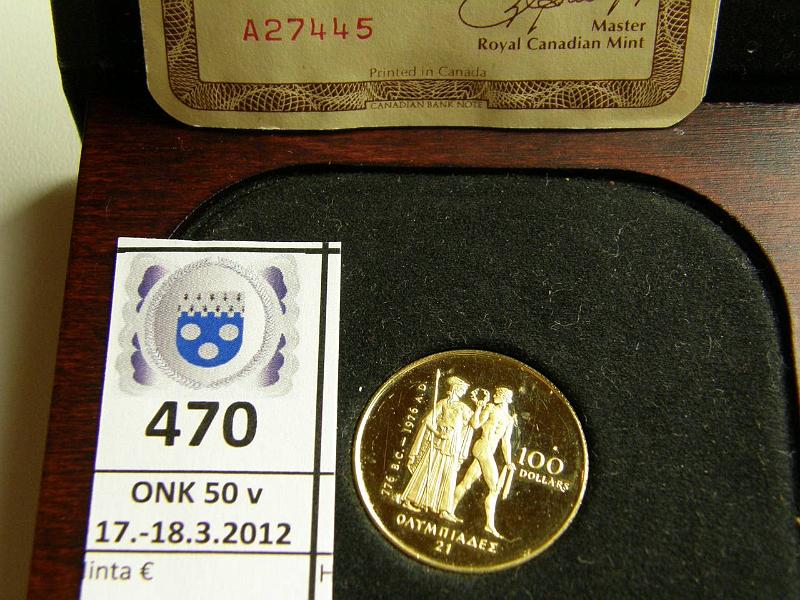 k-0470-a.jpg - Kohde 470, lhthinta: 550 € / myyntihinta: 590 € Kanada 100 D 1976 KM#116 Au 16.9655g/917, Proof, Montrealin Olympialaiset, puu/nahka-kotelo, tod. Raha ei kapselissa, pinnassa pieni ksittelyn jlki, kunto: 9