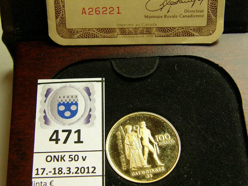 k-0471-a.jpg - Kohde 471, lhthinta: 550 € / myyntihinta: 590 € Kanada 100 D 1976 KM#116 Au 16.9655g/917, Proof, Montrealin Olympialaiset, puu/nahka-kotelo, tod. Raha ei kapselissa, pinnassa pieni ksittelyn jlki, kunto: 9