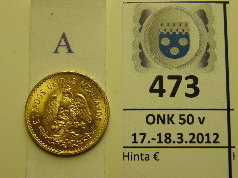 k-0473-a.jpg - Kohde 473 (kuva 1/2), lhthinta: 130 € / myyntihinta: 145 € Meksiko 5 pesos 1958 KM#464 Au 4.1666g/900, Miquel Hidalgo, kunto: 9