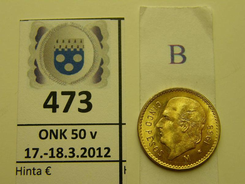 k-0473-b.jpg - Kohde 473 (kuva 2/2), lhthinta: 130 € / myyntihinta: 145 € Meksiko 5 pesos 1958 KM#464 Au 4.1666g/900, Miquel Hidalgo, kunto: 9