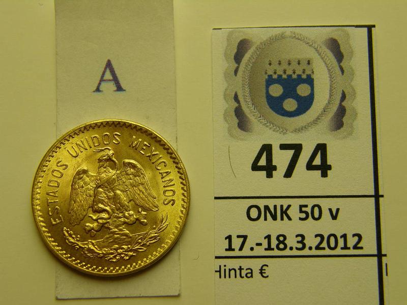 k-0474-a.jpg - Kohde 474 (kuva 1/2), lhthinta: 275 € / myyntihinta: 295 € Meksiko 10 pesos 1959 KM#502 Au 8.3333g/900 pieni likatahra, kunto: 9