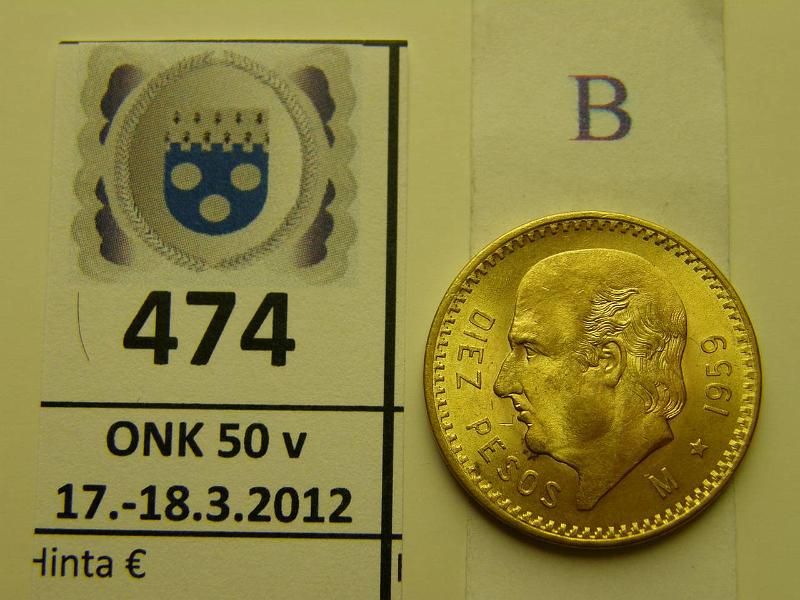 k-0474-b.jpg - Kohde 474 (kuva 2/2), lhthinta: 275 € / myyntihinta: 295 € Meksiko 10 pesos 1959 KM#502 Au 8.3333g/900 pieni likatahra, kunto: 9