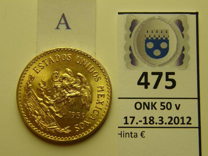 k-0475-a.jpg - Kohde 475 (kuva 1/2), lhthinta: 525 € / myyntihinta: 600 € Meksiko 20 pesos 1959 KM#478 Au 16.6666g/900, kunto: 10