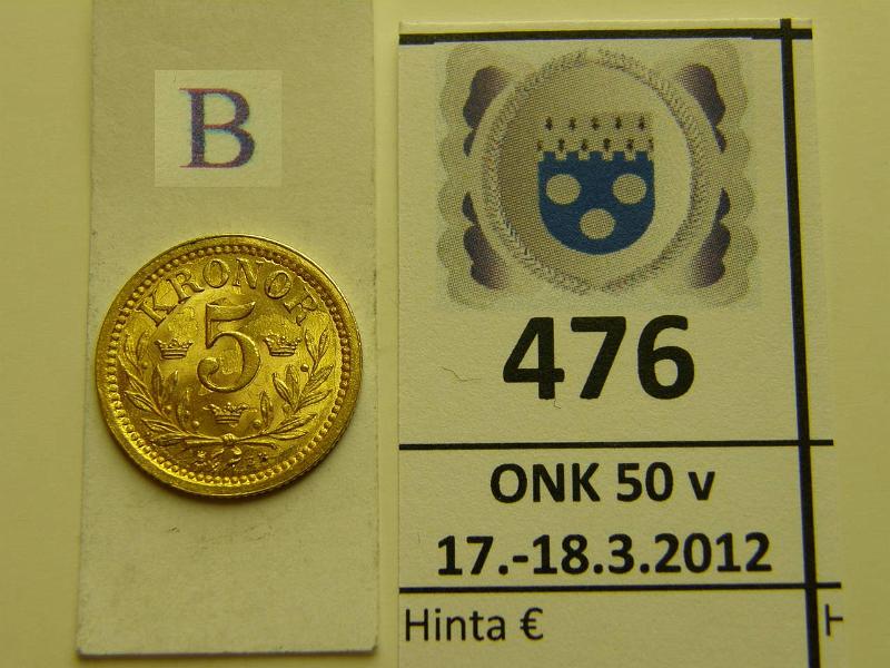 k-0476-b.jpg - Kohde 476 (kuva 2/2), lhthinta: 100 € / myyntihinta: 120 € Ruotsi 5 kr 1899 KM#756 Au 2.2402g/900, pinnassa hilseily?, kunto: 9