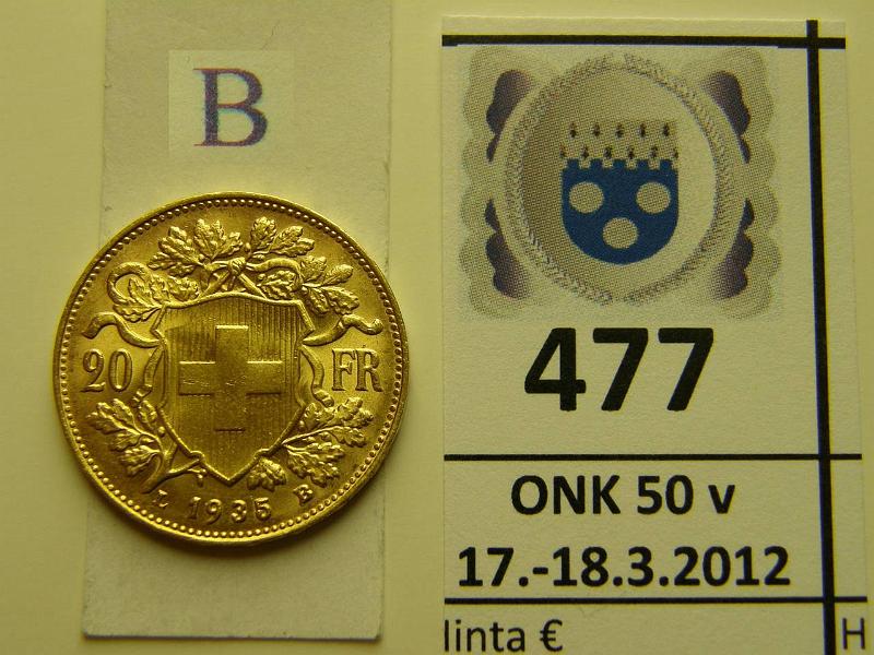 k-0477-b.jpg - Kohde 477 (kuva 2/2), lhthinta: 150 € / myyntihinta: 235 € Sveitsi 20 fr 1935 KM#35.1 Au 6.4516g/900, kunto: 9