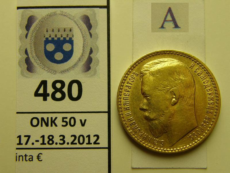 k-0480-a.jpg - Kohde 480 (kuva 1/2), lhthinta: 500 € / myyntihinta: 675 € Venj 15 rbl 1897 Y#65.2 Au 12.9039g/900, kunto: 7