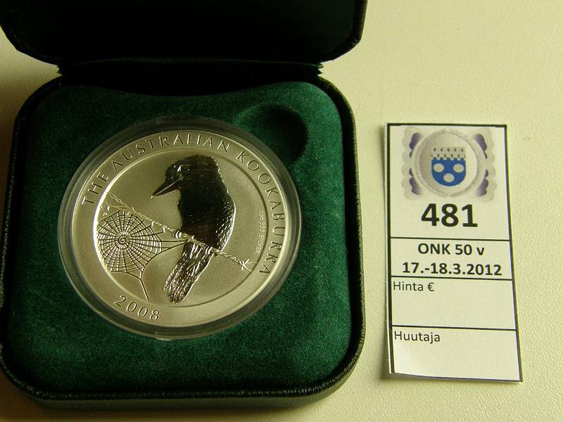 k-0481-a.jpg - Kohde 481, lhthinta: 25 € / myyntihinta: 28 € Australia 1 AUD 2008 KM#1296 Ag, Proof, Kookaburra, 1 oz hopeaa, kotelo , kunto: 10