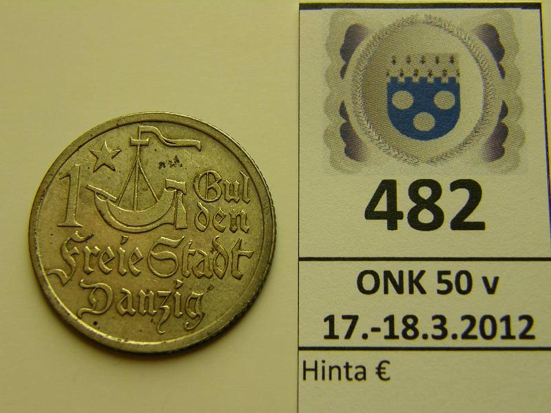 k-0482-a.jpg - Kohde 482, lhthinta: 20 € / myyntihinta: 40 € Danzig 1 gulden 1923 KM#145 Ag 5g/750, kunto: 7