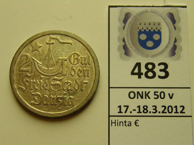 k-0483-a.jpg - Kohde 483, lhthinta: 30 € / myyntihinta: 86 € Danzig 2 gulden 1923 KM#146 Ag 10g/750, kunto: 7