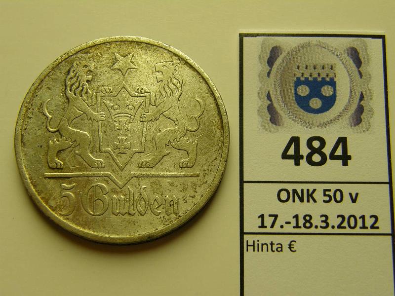 k-0484-a.jpg - Kohde 484, lhthinta: 100 € / myyntihinta: 270 € Danzig 5 gulden 1923 KM#147 Ag 25g/750, kunto: 6