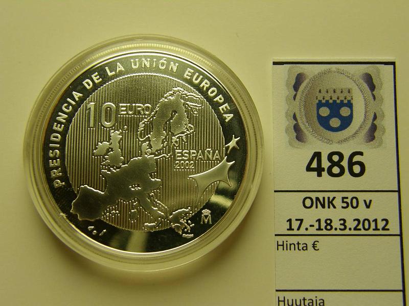 k-0486-a.jpg - Kohde 486, lhthinta: 15 € Espanja 10 € 2002 KM#1048 Ag 27g/925 EU precidency, kapseli, kunto: 10