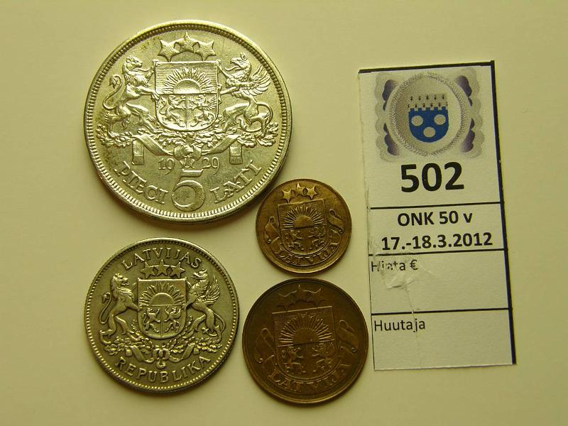 k-0502-a.jpg - Kohde 502, lhthinta: 25 € Latvia 1s-5l (4) 1922-29 KM#1, 3, 8, 9 Ag: 2lati 1925; 5lati-29 (10+25g/835); Br: 1s-24, 5s-22, kunto: 6-8