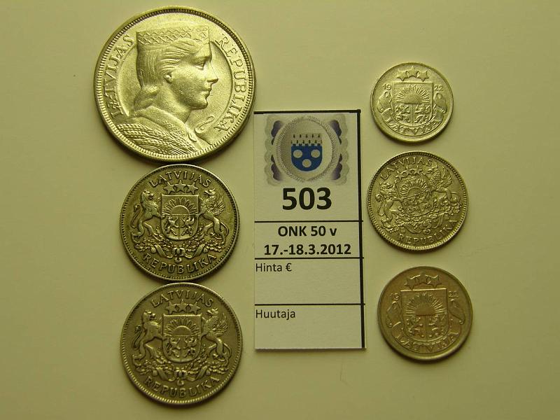 k-0503-a.jpg - Kohde 503, lhthinta: 30 € Latvia 10s-5l (6) 1922-31 KM#4, 5, 7, 8, 9 Ag: 1lats 1924, 2lati-25, 26, 5lati-31; Br: 10+20s-22, kunto: 4-6