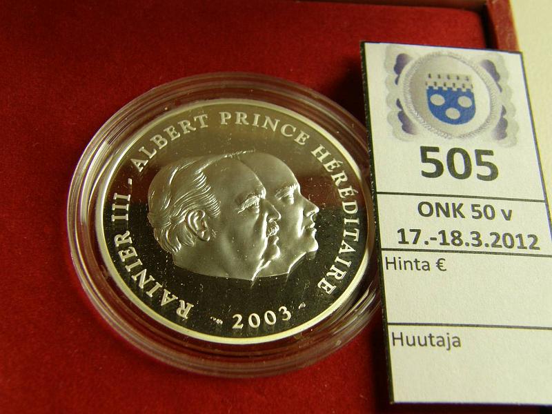 k-0505-a.jpg - Kohde 505, lhthinta: 100 € / myyntihinta: 100 € Monaco 10 € 2003 KM#178 Ag, Proof, 25g/900, Rainier III & Albert, kotelo n:o 1929, kunto: 10