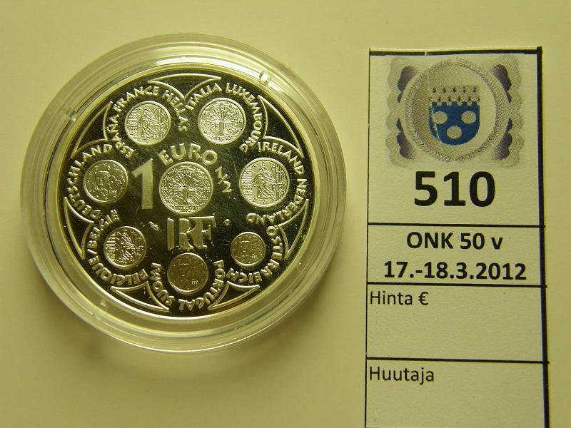 k-0510-a.jpg - Kohde 510, lhthinta: 15 € Ranska 1 € 2002 KM#1301 Ag, Proof, 22g/900, EU, kasetissa, kunto: 10