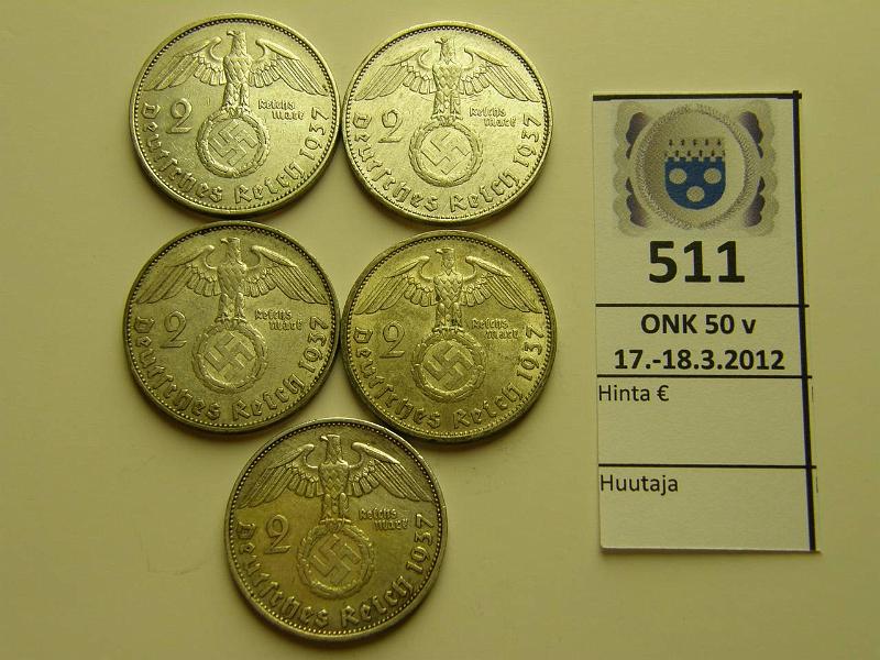 k-0511-a.jpg - Kohde 511, lhthinta: 15 € / myyntihinta: 17 € Saksa 2 mk (5) 1937 KM#93 Ag, 2 reichsmark, AEFGJ-rahapajat, patinaa, kunto: 5-7