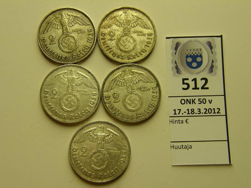 k-0512-a.jpg - Kohde 512, lhthinta: 15 € / myyntihinta: 17 € Saksa 2 mk (5) 1938 KM#93 Ag, 2 reichsmark, AEFGJ, patinaa, kunto: 5-6