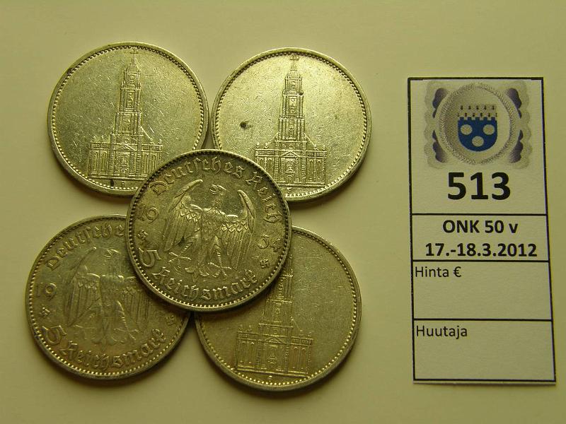 k-0513-a.jpg - Kohde 513, lhthinta: 40 € / myyntihinta: 46 € Saksa 5 mk (5) 1934 KM#83 Ag, 5 reichsmark, AEFGJ, patinaa, kunto: 5-6