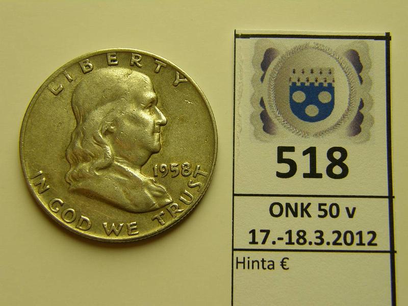 k-0518-a.jpg - Kohde 518, lhthinta: 5 € / myyntihinta: 8 € USA  D 1958 KM#199 Ag 12.50g/900 Franklin, D, kunto: 5