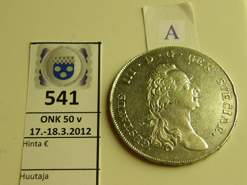 k-0541-a.jpg - Kohde 541 (kuva 1/2), lhthinta: 100 € / myyntihinta: 130 € 1 riksdaler 1791 KM#527 Ag, Kustaa III, nja monogrammin poskessa, eprv, kaunis!, kunto: 6