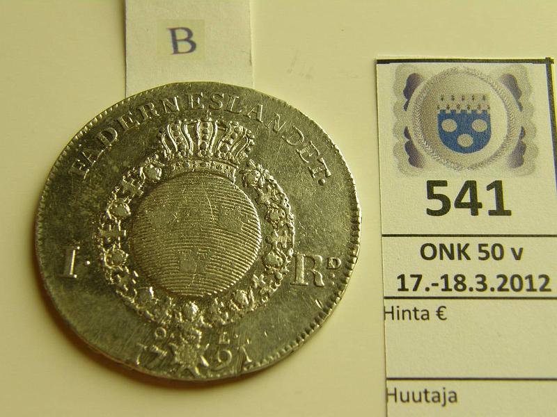 k-0541-b.jpg - Kohde 541 (kuva 2/2), lhthinta: 100 € / myyntihinta: 130 € 1 riksdaler 1791 KM#527 Ag, Kustaa III, nja monogrammin poskessa, eprv, kaunis!, kunto: 6