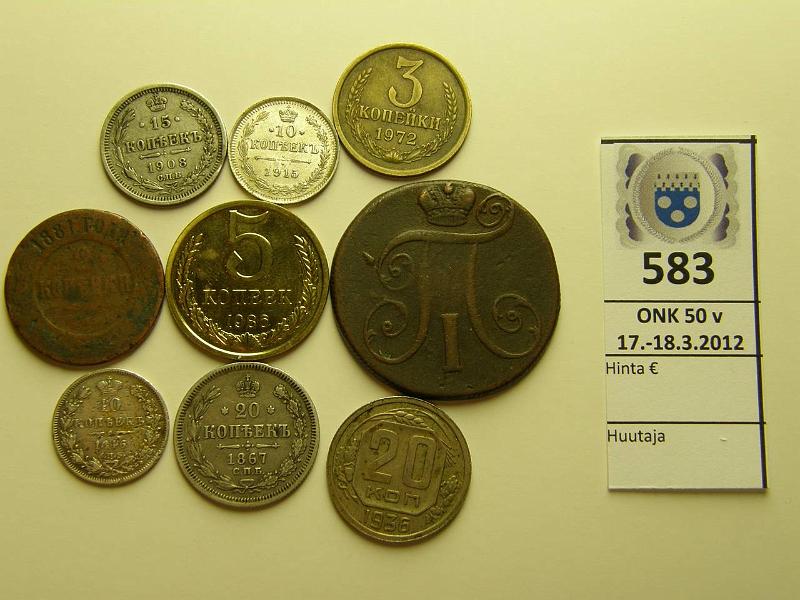 k-0583-a.jpg - Kohde 583, lhthinta: 5 € / myyntihinta: 13 € 2 - 20 kop (9) 1799-1986 2kop 1799, 1881, 3kop 1972, 5kop 1986, 10kop 1846, 1915, 15kop 1908, 20kop 1867, 1936, kunto: 2-6