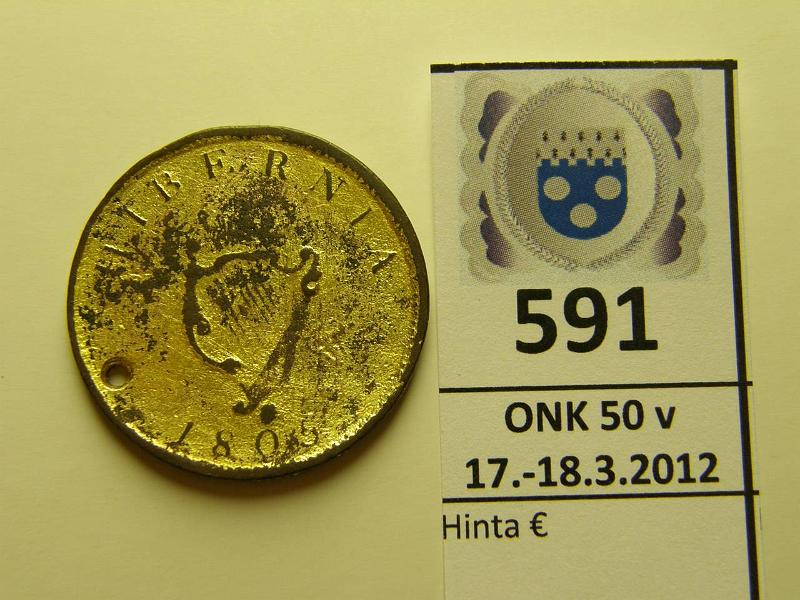 k-0591-a.jpg - Kohde 591, lhthinta: 10 € / myyntihinta: 10 € Irlanti 1 penny 1805 KM#148.1 riippunut, kullattu, kunto: 1