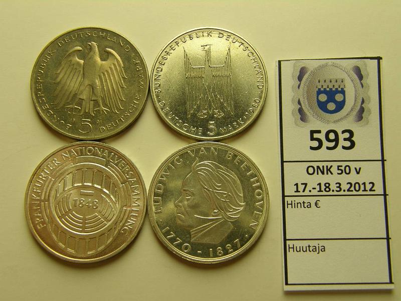 k-0593-a.jpg - Kohde 593, lhthinta: 10 € Saksa 5 DM (4) 1970-81 2xAg 1970, 73: Beethoven, Nationalversammlung; 2xCuNi 1980, 81 Klnin tuomiokirkko, Carl w Stein, kunto: 8-9