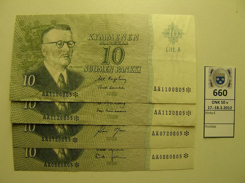 k-0660-a.jpg - Kohde 660, lhthinta: 100 € / myyntihinta: 100 € 10 mk 1963 LA* (4) SNY 146.7 A 0720805*, 0880805*, 1100805*, 1120805*. 4 korvaavaa seteli samalta arkilta!, kunto: 5,9,4,4