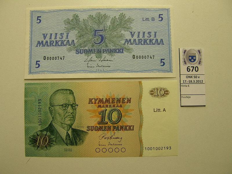 k-0670-a.jpg - Kohde 670, lhthinta: 10 € / myyntihinta: 20 € 5+10 mk 1963, 80 SNY 135.6, 147.5. Pienehkt sarjanumerot: 5mk LB O0000747 HOL-Hes, 10mk 1001002193 KU I-Hes, kunto: 8,9