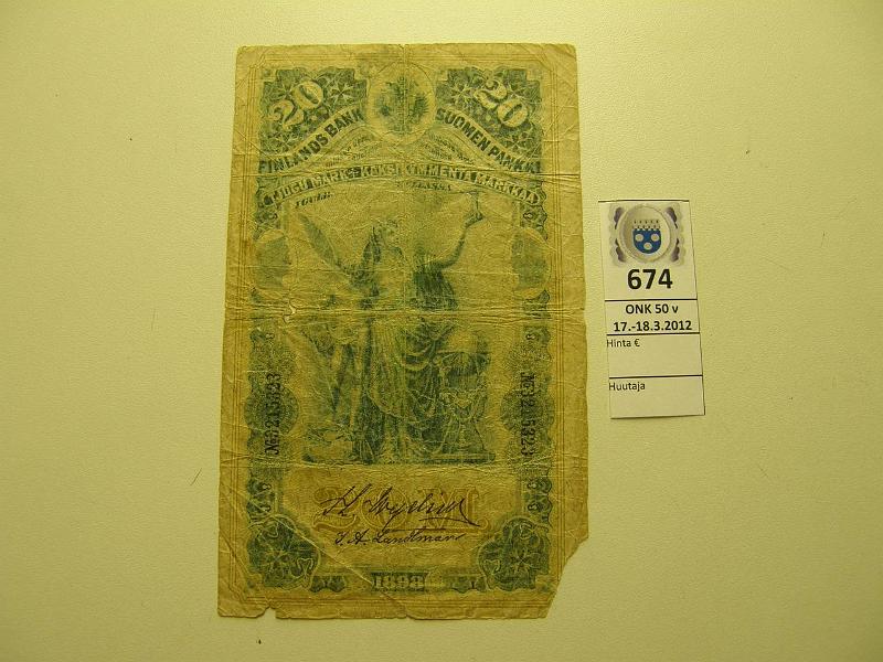 k-0674-a.jpg - Kohde 674, lhthinta: 5 € / myyntihinta: 5 € 20 mk 1898 SNY 154.2 3215323 WEG-Lan. Kulmapuutos ja pienempi puutosalue, reiki, rep, kunto: 2