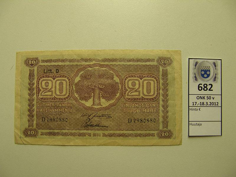 k-0682-a.jpg - Kohde 682, lhthinta: 10 € 20 mk 1939 LD SNY 159.2 D7980880 JUT-Wah, kunto: 4