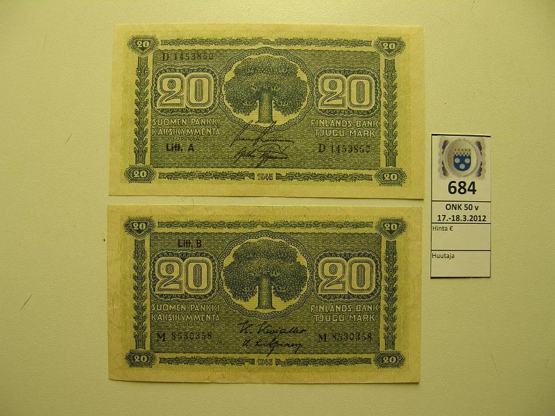 k-0684-a.jpg - Kohde 684, lhthinta: 10 € / myyntihinta: 21 € 20 mk 1945 LA, LB SNY 160.1, 160.2 D1453850 RAI-AAs, M8530358 KIV-Kil, kunto: 8,5