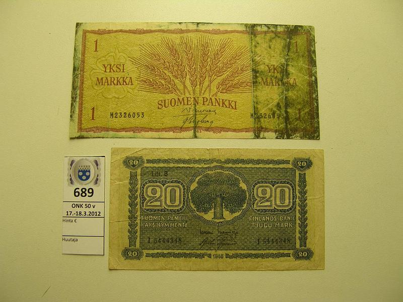 k-0689-a.jpg - Kohde 689, lhthinta: 3 € / myyntihinta: 3 € 1+20mk 1945, 63 SNY 114.1, 160.2 1mk 1963 M-sarja, iso tahra ja kulumaa, 20mk 1945 LB I-sarja, kunto: 1-3