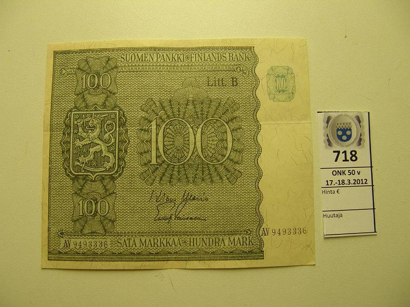 k-0718-a.jpg - Kohde 718, lhthinta: 10 € / myyntihinta: 20 € 100 mk 1945 LB SNY 180.2 AV9493336 WAR-Lei harvinaisempi allek., kunto: 6