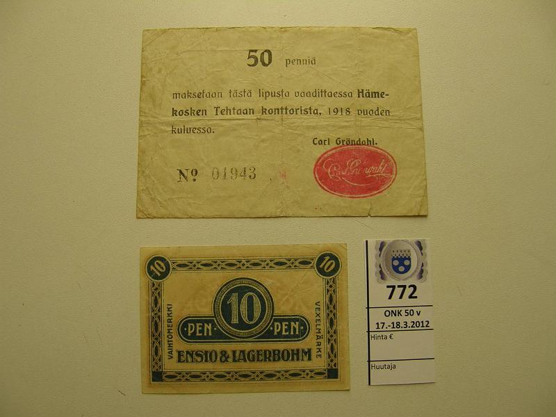 k-0772-a.jpg - Kohde 772, lhthinta: 15 € / myyntihinta: 24 € 10-50 p 1918 Hmeenkosken tehtaat 50p, Ensio & Lagerbohm 10p, kunto: 3,4