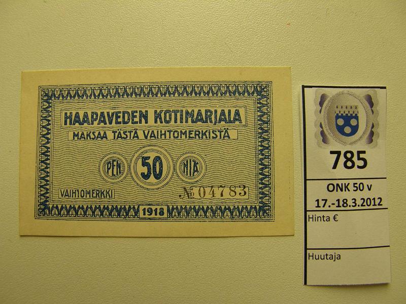 k-0785-a.jpg - Kohde 785, lhthinta: 45 € / myyntihinta: 70 € 50 p 1918 Haapaveden kotimarjala, kunto: 9