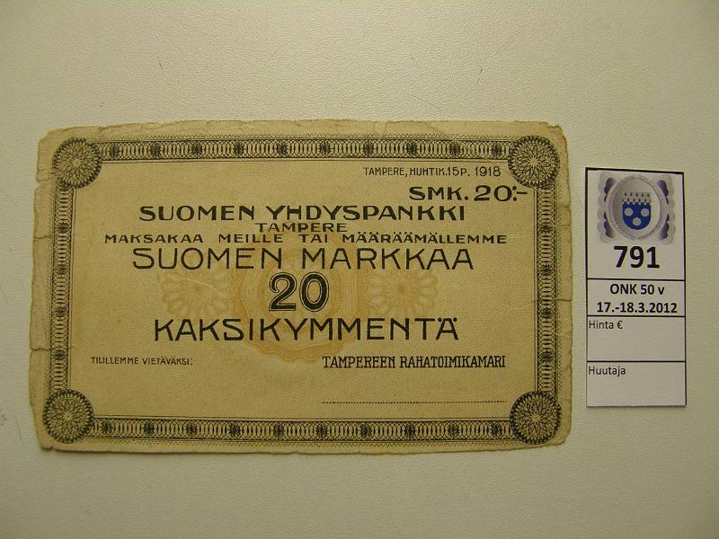 k-0791-a.jpg - Kohde 791, lhthinta: 10 € / myyntihinta: 10 € 20 mk 1918 SYP, maksumrys, Tampere. Vikoja, kunto: 3