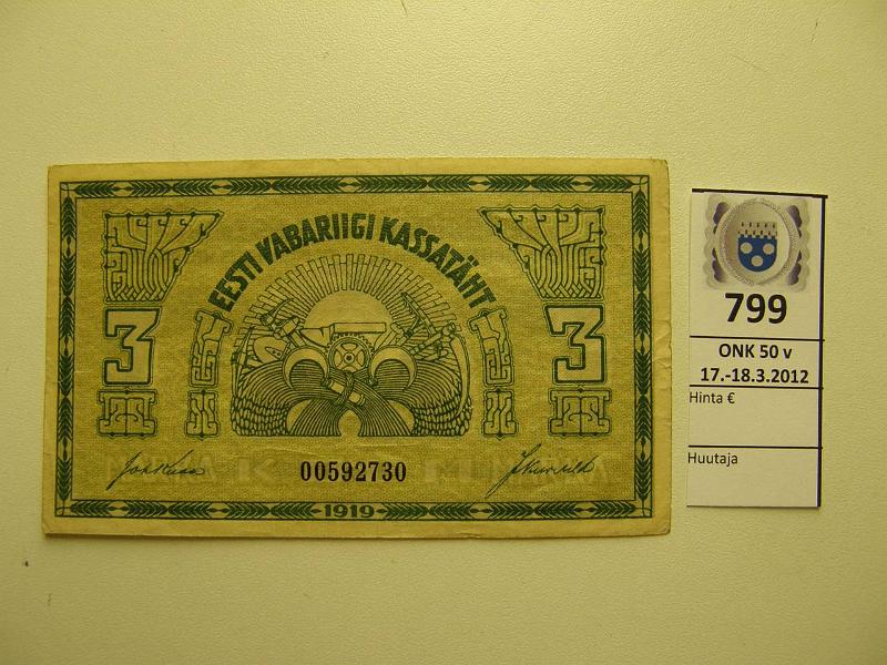 k-0799-a.jpg - Kohde 799, lhthinta: 5 € / myyntihinta: 32 € Eesti 3 marka 1919 Pick#44 Eesti Vabariik kassatht 00592730, kunto: 6