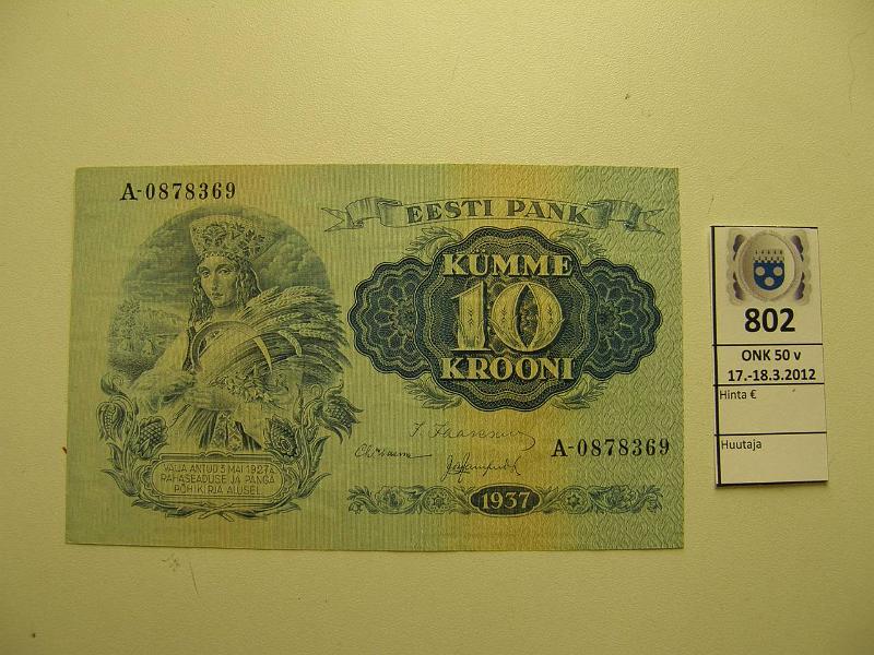 k-0802-a.jpg - Kohde 802, lhthinta: 35 € / myyntihinta: 35 € Eesti 10 kr 1937 Pick#67 , kunto: 8