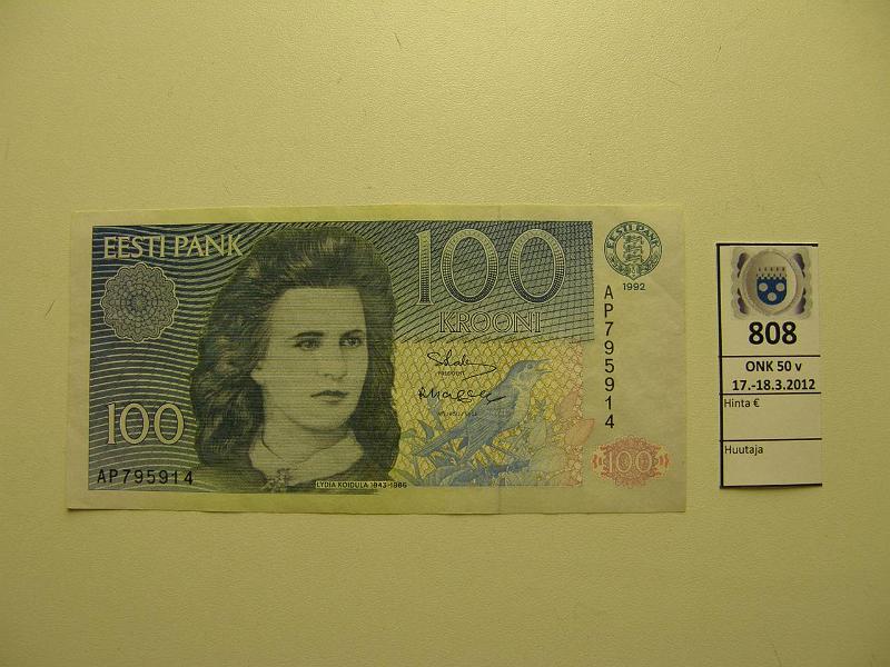 k-0808-a.jpg - Kohde 808, lhthinta: 20 € / myyntihinta: 46 € Eesti 100 kr 1992 Pick#74 AP795914, kunto: 7