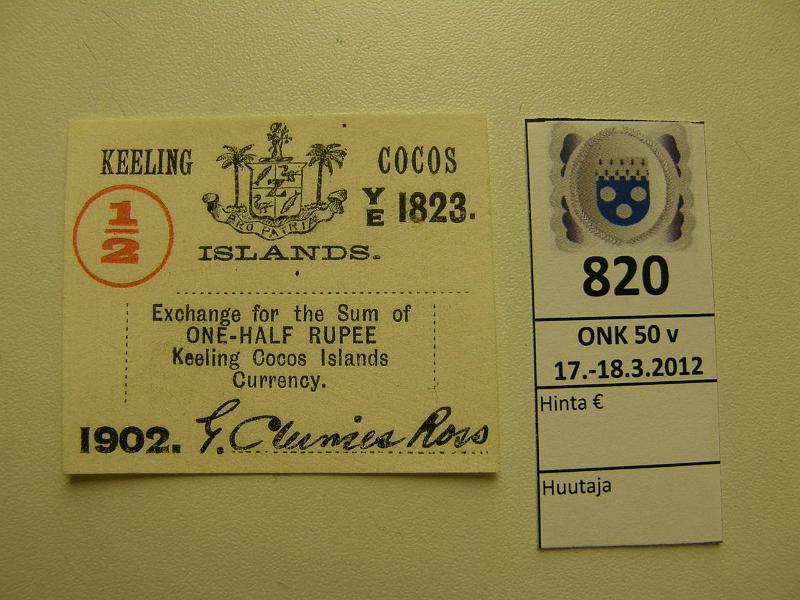 k-0820-a.jpg - Kohde 820, lhthinta: 50 € / myyntihinta: 50 € Keeling Cocos Islands  rupee 1902 Pick#S123 pieni pahvilipuke, kunto: 9