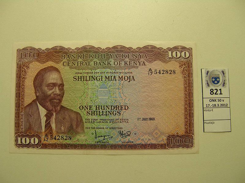 k-0821-a.jpg - Kohde 821, lhthinta: 100 € / myyntihinta: 100 € Kenia 100 schillings 1969 Pick#10 1.7.1969, kunto: 9