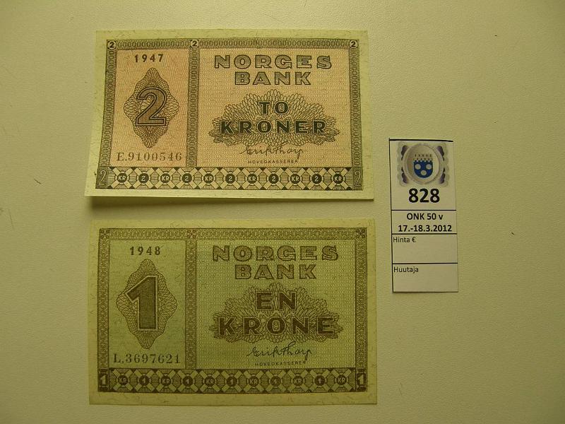 k-0828-a.jpg - Kohde 828, lhthinta: 50 € / myyntihinta: 74 € Norja 1-2 kr (2) 1948-49 Pick#15b, 16b 21.3.1953, kunto: 9