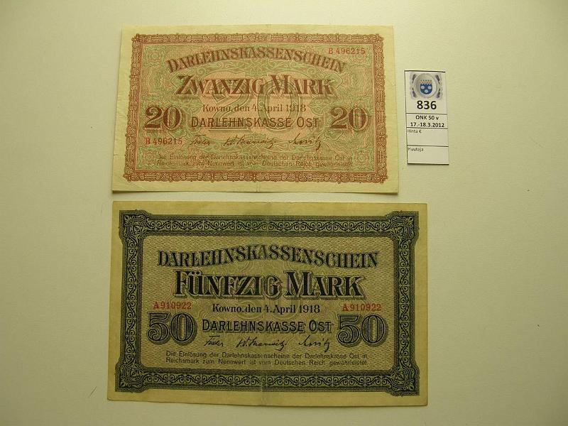 k-0836-a.jpg - Kohde 836, lhthinta: 15 € / myyntihinta: 15 € Saksa 20+50 mk (2) 1918 Pick#R131, 132 Darlehnskassenschein, Kowno, kunto: 3,4