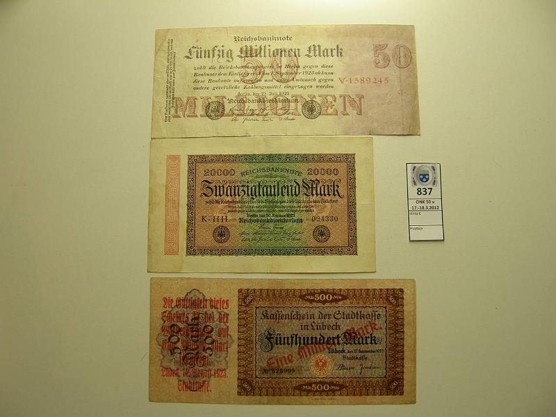 k-0837-a.jpg - Kohde 837, lhthinta: 5 € / myyntihinta: 11 € Saksa (3) 1922-3, Pick#?, 85, 98a Kassenschein Lbeck 500mk/1 mrd 1922i; 20000 mk 1923, tahra; 50 mrd mk 1923, kunto: 4-5