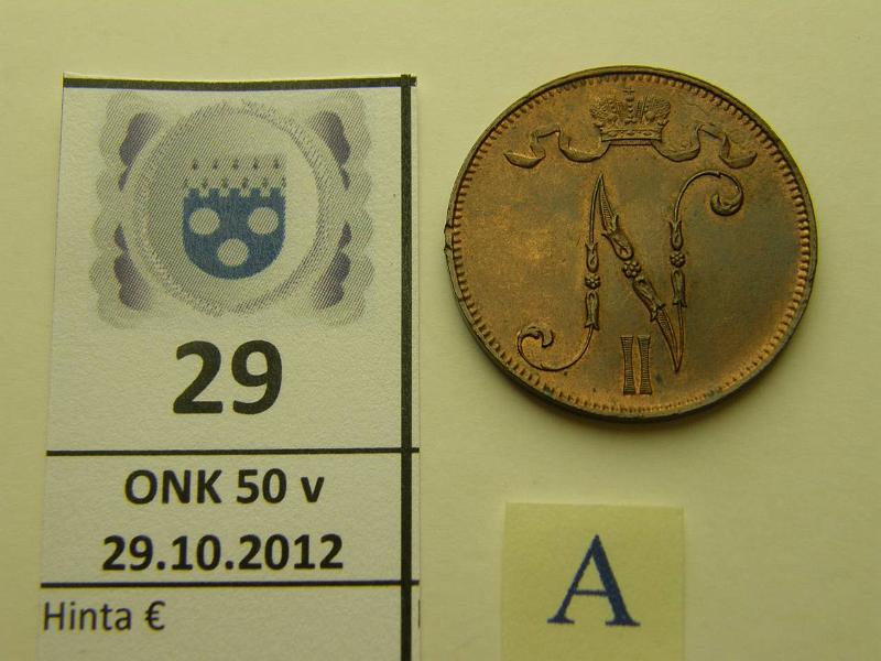 k-0029-a.jpg - Kohde 29 (kuva 1/2), lhthinta: 10 € 5 p 1905 leimakiiltoa, eprvja, kunto: 8